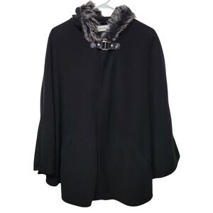 Le Moda Hooded Cape Womens OS Black Fleece Faux Fur Trim Buckle 9530-547